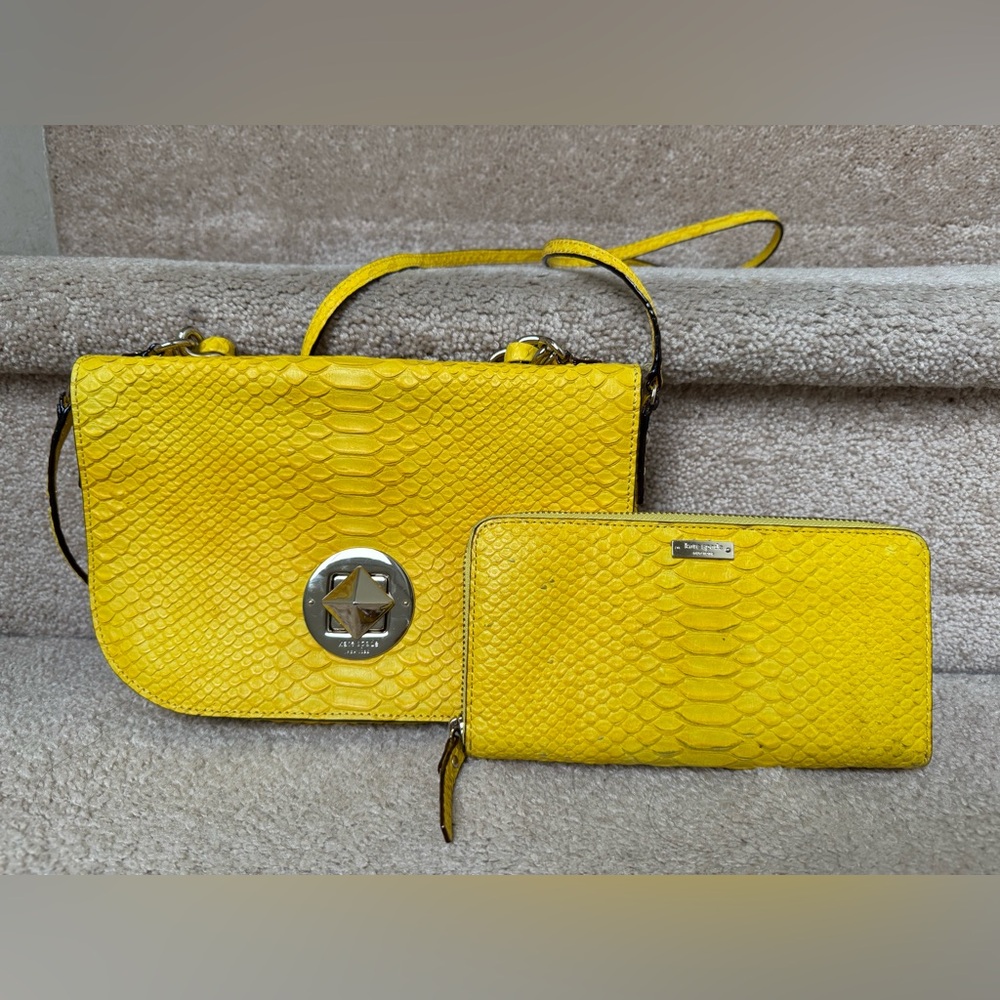 Rare KS Yellow Embossed Snake Chain Handle Crossbody Long Wallet Set